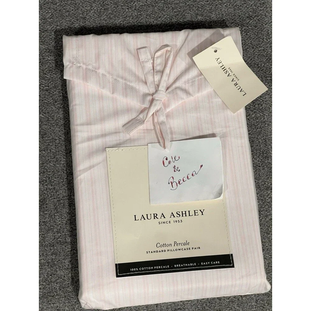 Laura Ashley Bedford Skinny Stripe Pink PILLOWCASE Pair Cotton Percale Standard